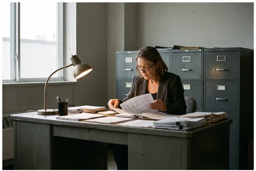 An Ironclad Mutual agent reviewing printed policy documents at a steel desk