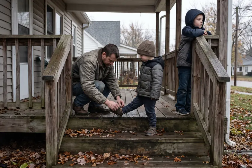 A father and two children on the covered porch of a Midwestern house on a grey afternoon