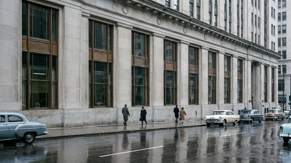 The limestone and steel facade of the Ironclad Mutual head office in downtown Cleveland