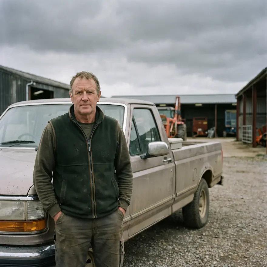 Curtis Ballard standing beside a pickup truck in a gravel farmyard