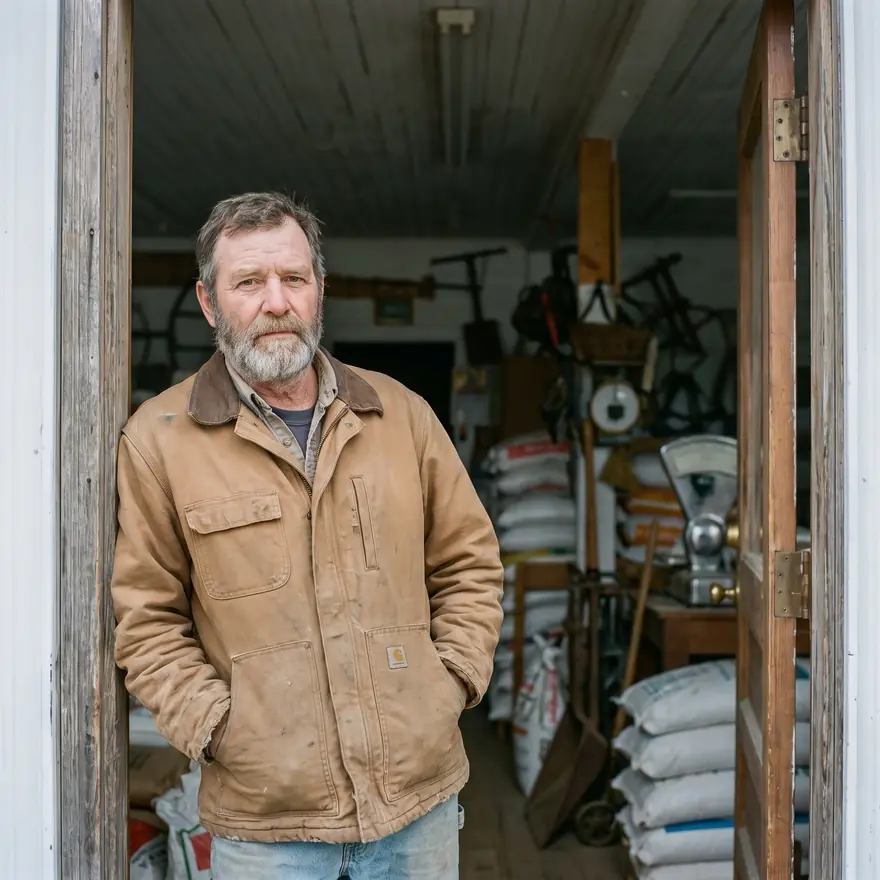 Delmar Kwiatkowski standing in the doorway of his feed and hardware store