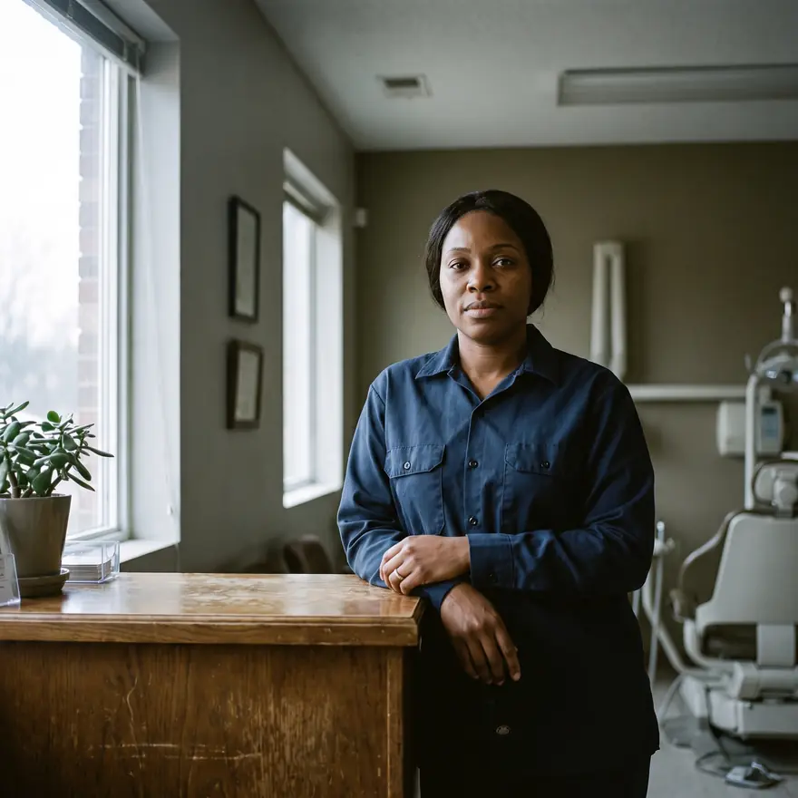Dr. Adaeze Nwankwo standing at the reception desk of her dental practice