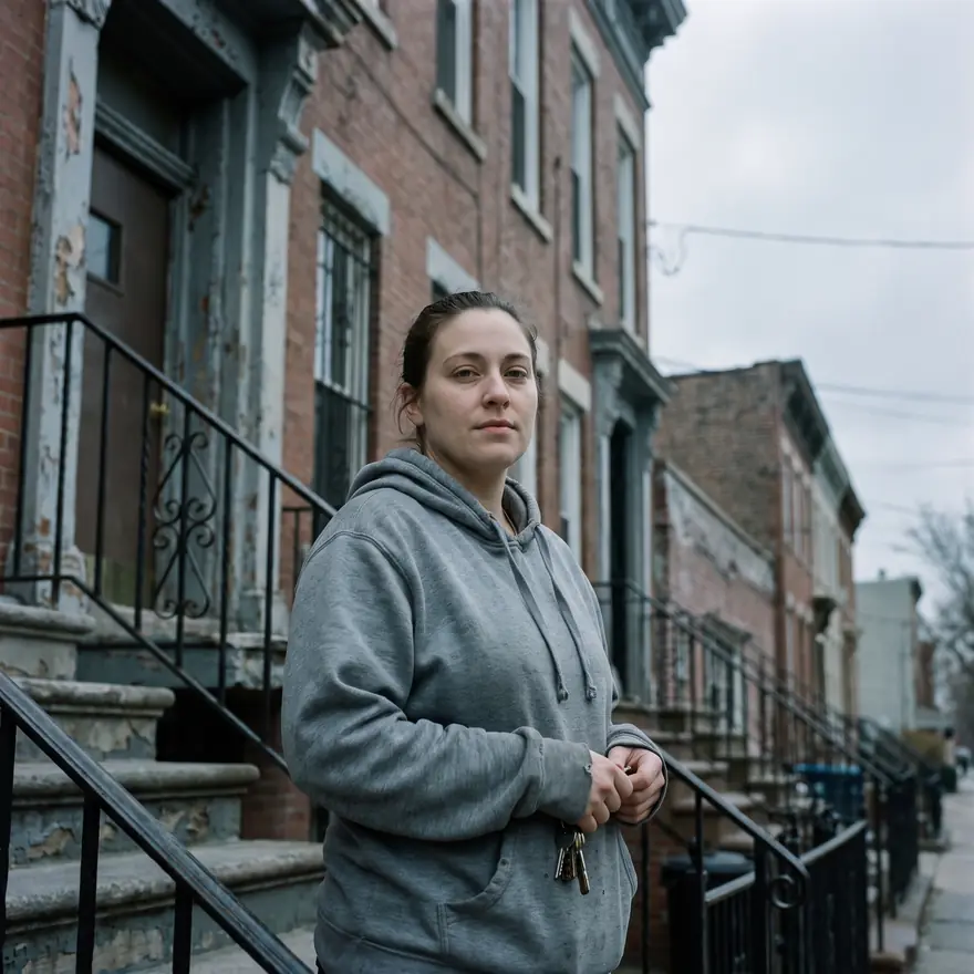 Yolanda Prieto standing on the stoop of an older brick apartment building